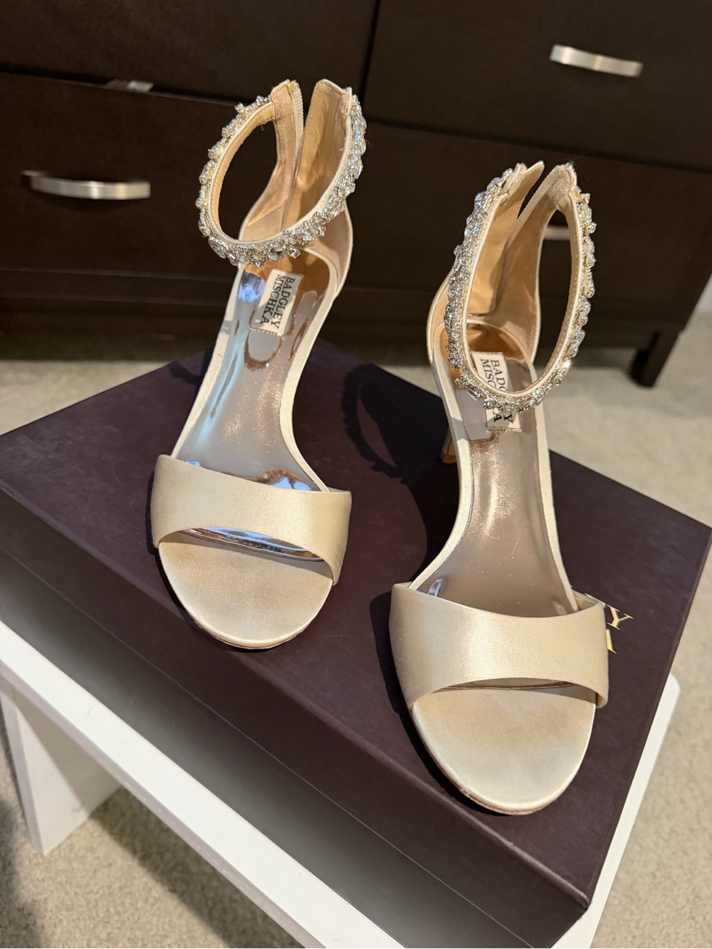 Badgley Mischka Champagne Satin Crystal-Ankle Strap Heels